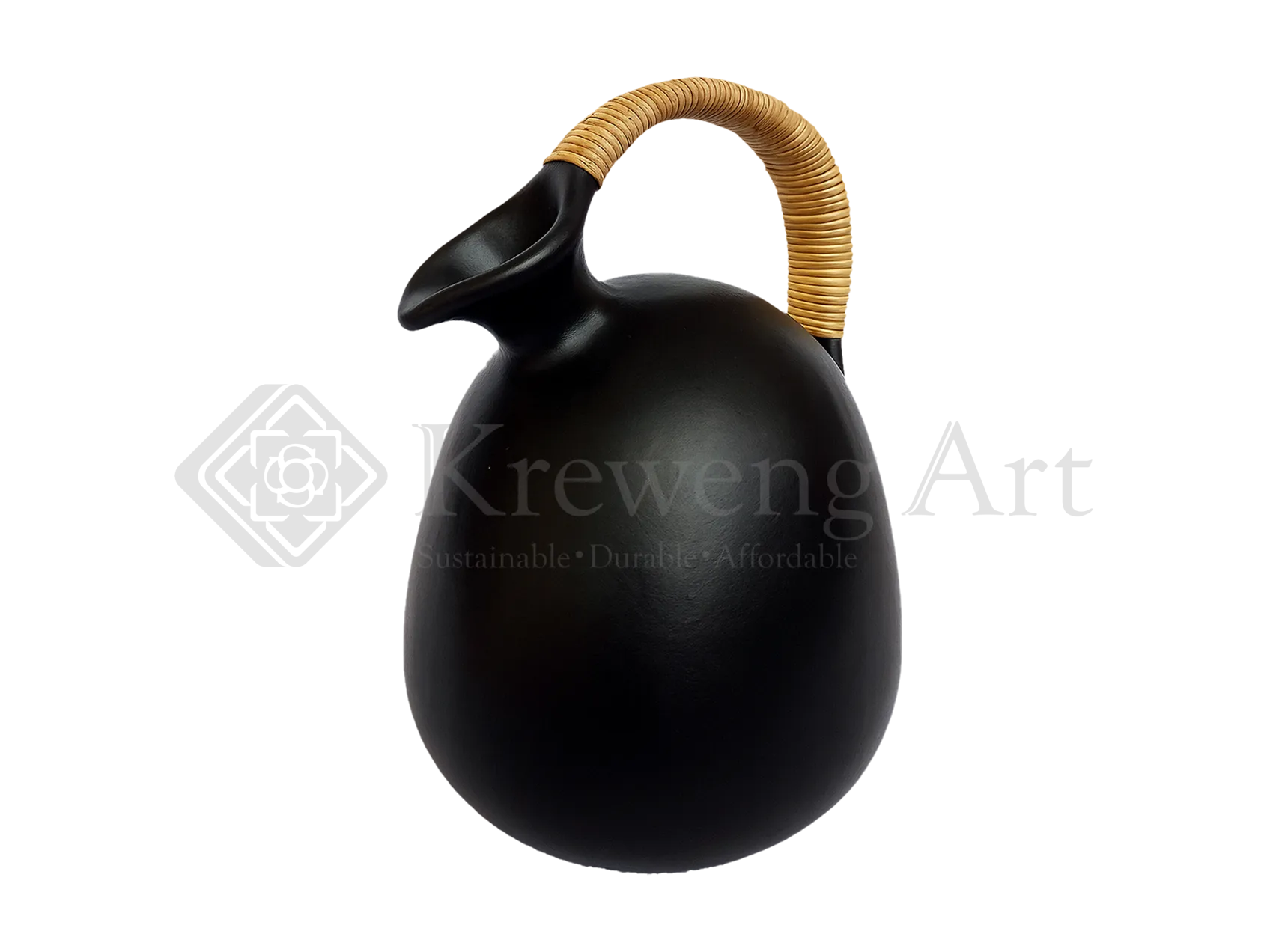 DECORATIVE BLACK TERRACOTTA JUG WITH RATTAN-WRAPPED HANDLE