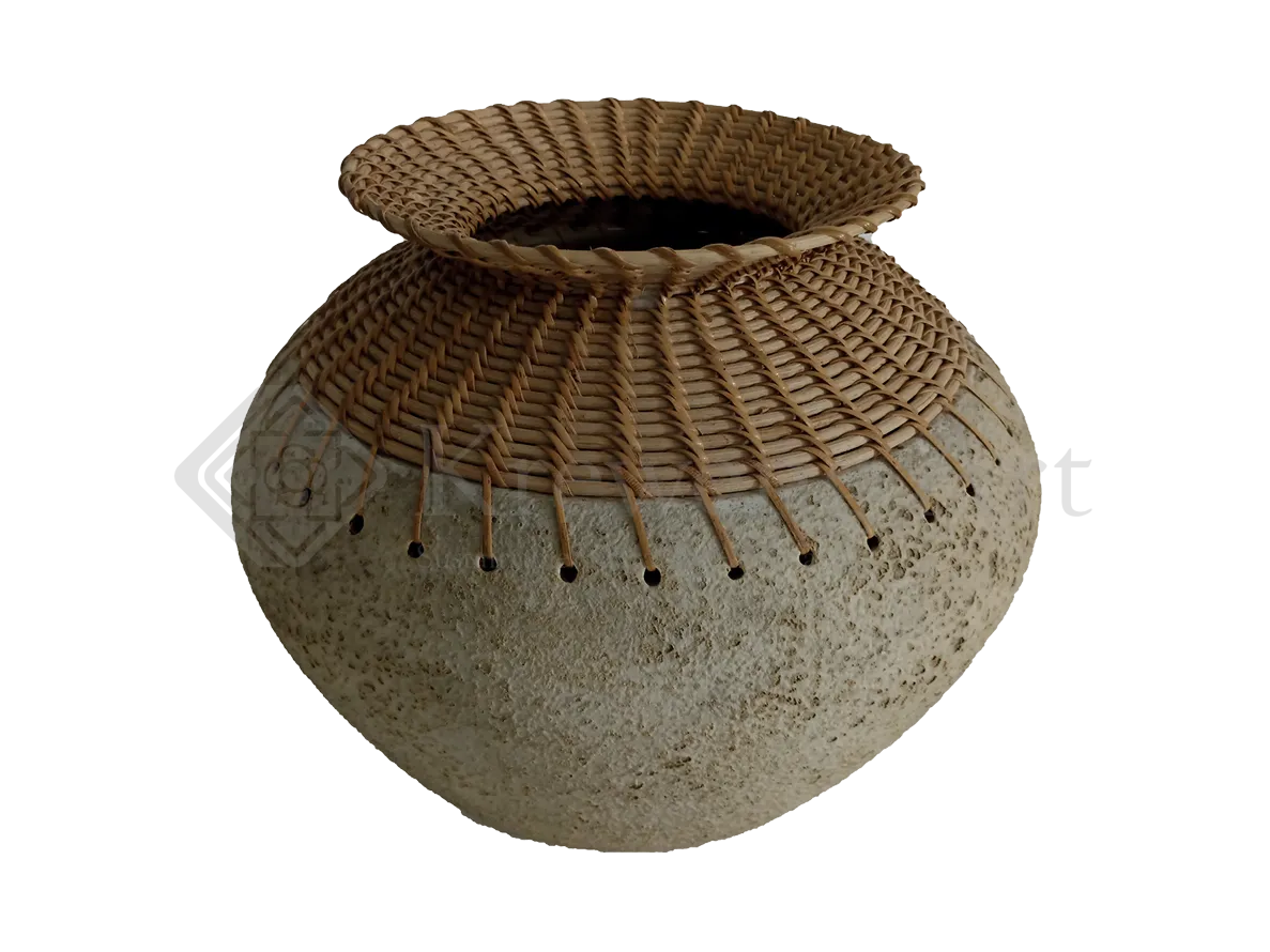 Belly-Shaped Terracotta Planters – Cream Finish, Textured Design with Mixed Rattan