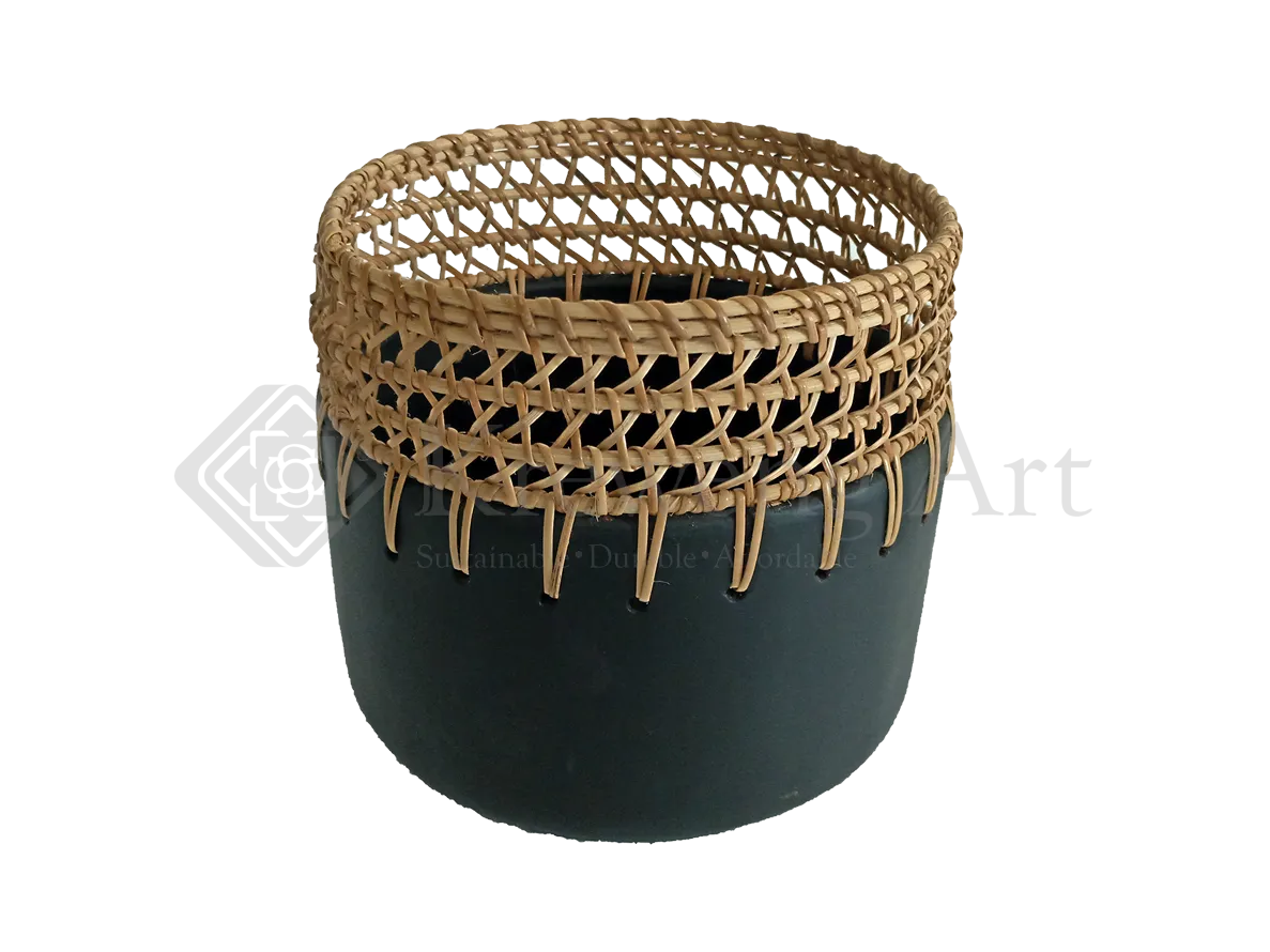 Black Terracotta Pots with Mixed Open Weave Rattan